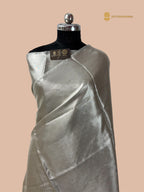 Silver Pure Molten Tissue Silk Tanchui Brocade Handloom Banarasi Saree