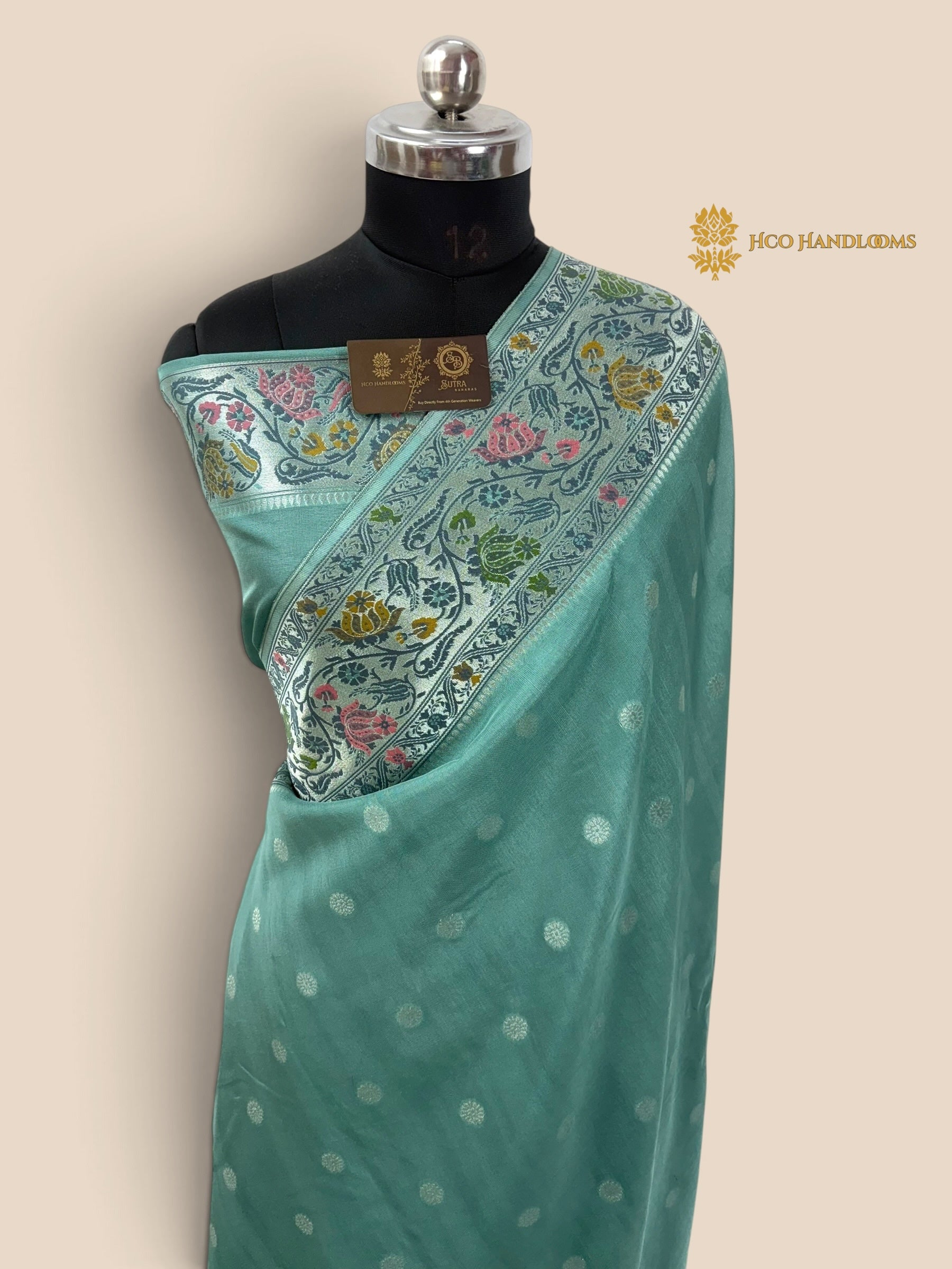 Pastel Blue Matka Tussar Silk Banarasi Saree - All Over Motifs & Paithani
