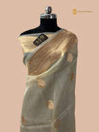 Ivory Pure Kora Silk Handloom Banarasi Saree - All Over Kadua Motifs