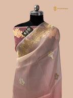 Half Ivory & Half Light Pink Pure Kora Silk Handloom Banarasi Saree - All Over Sona & Roopa Kadua Motifs