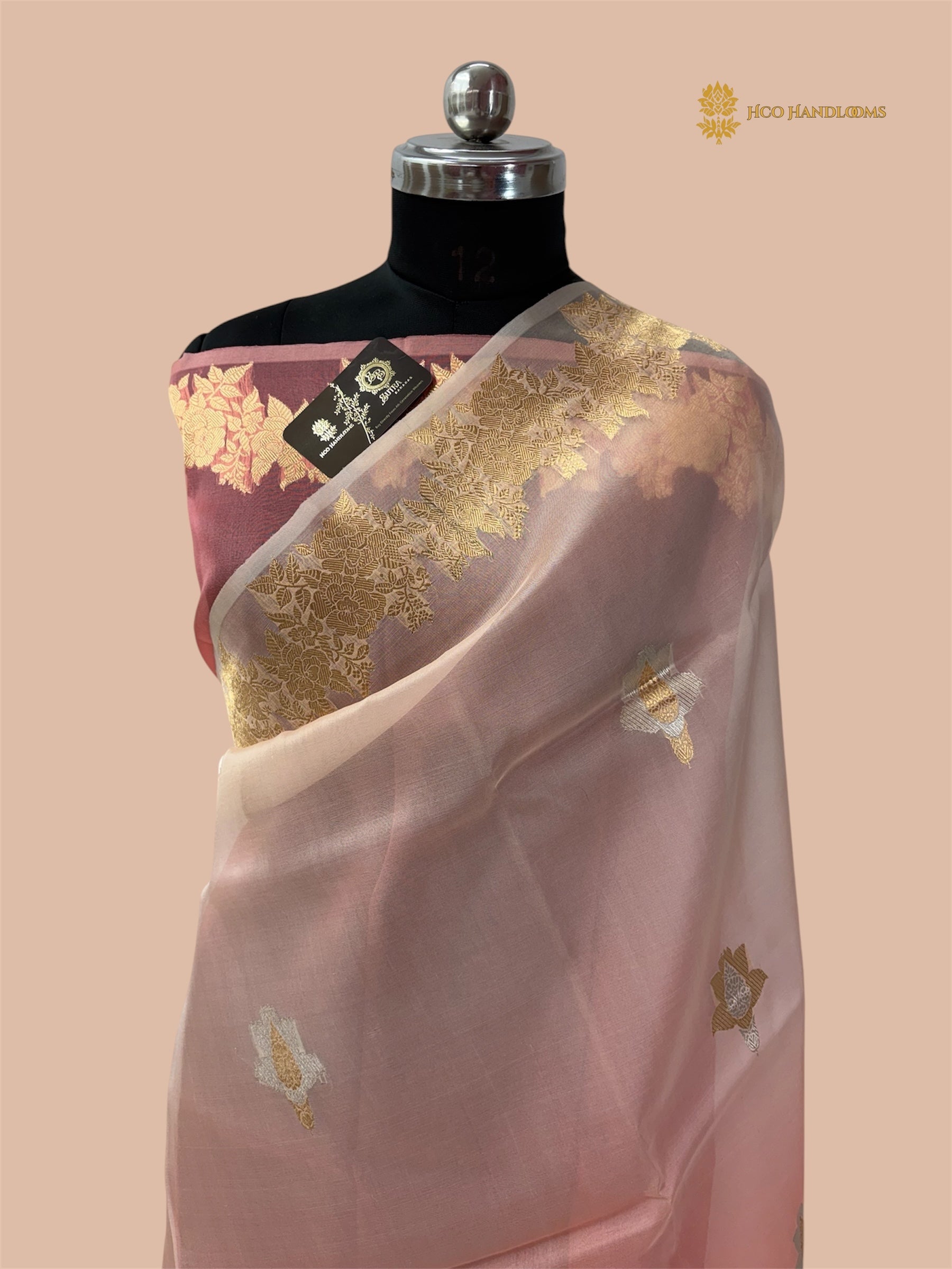 Half Ivory & Half Light Pink Pure Kora Silk Handloom Banarasi Saree - All Over Sona & Roopa Kadua Motifs