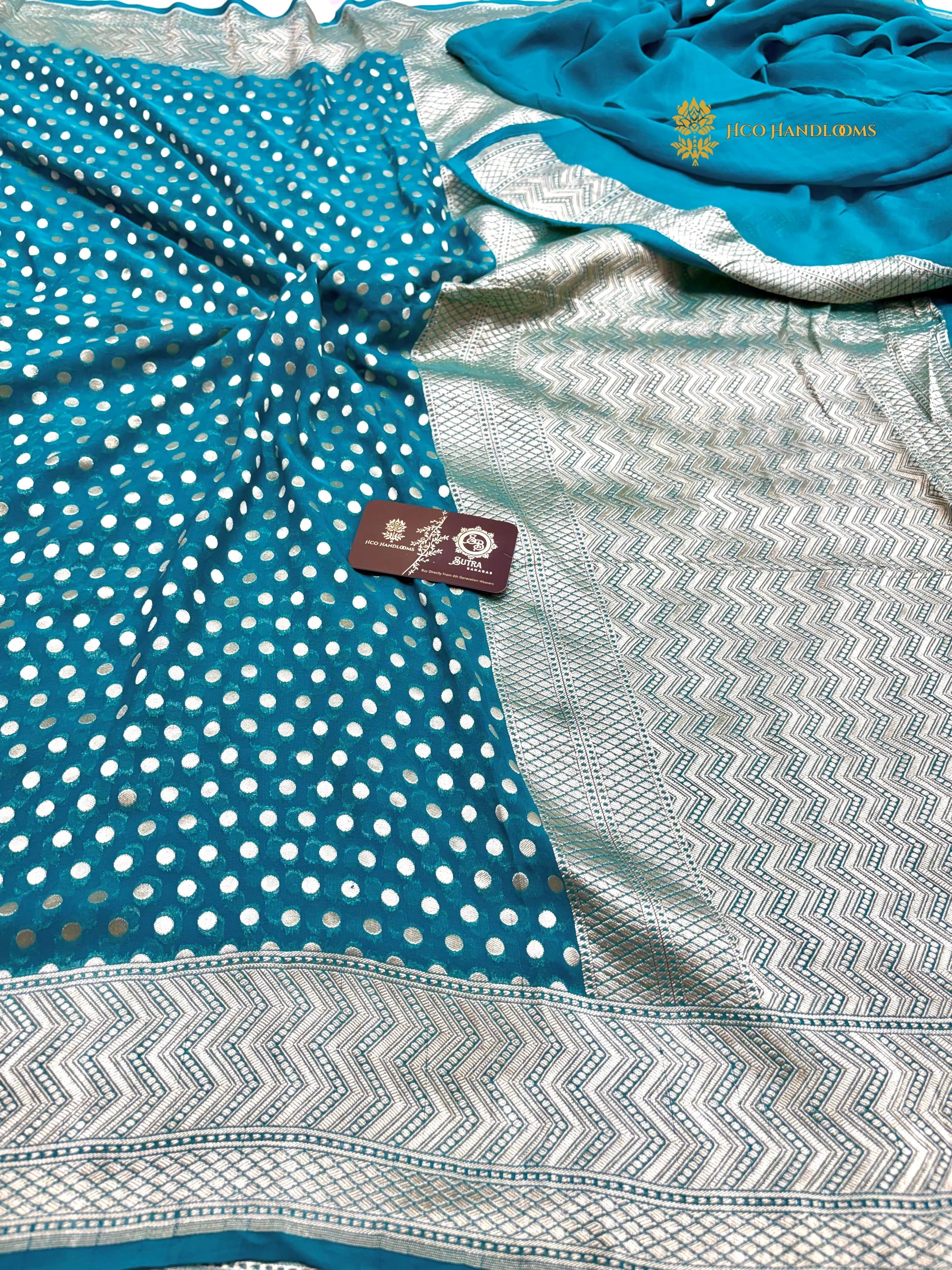 Blue Pure Khaddi Georgette Silk Handloom Banarasi Saree