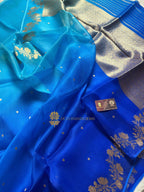Light Blue Contrast Pure Kora Silk Handloom Banarasi Saree - All Over Kadhua Motifs
