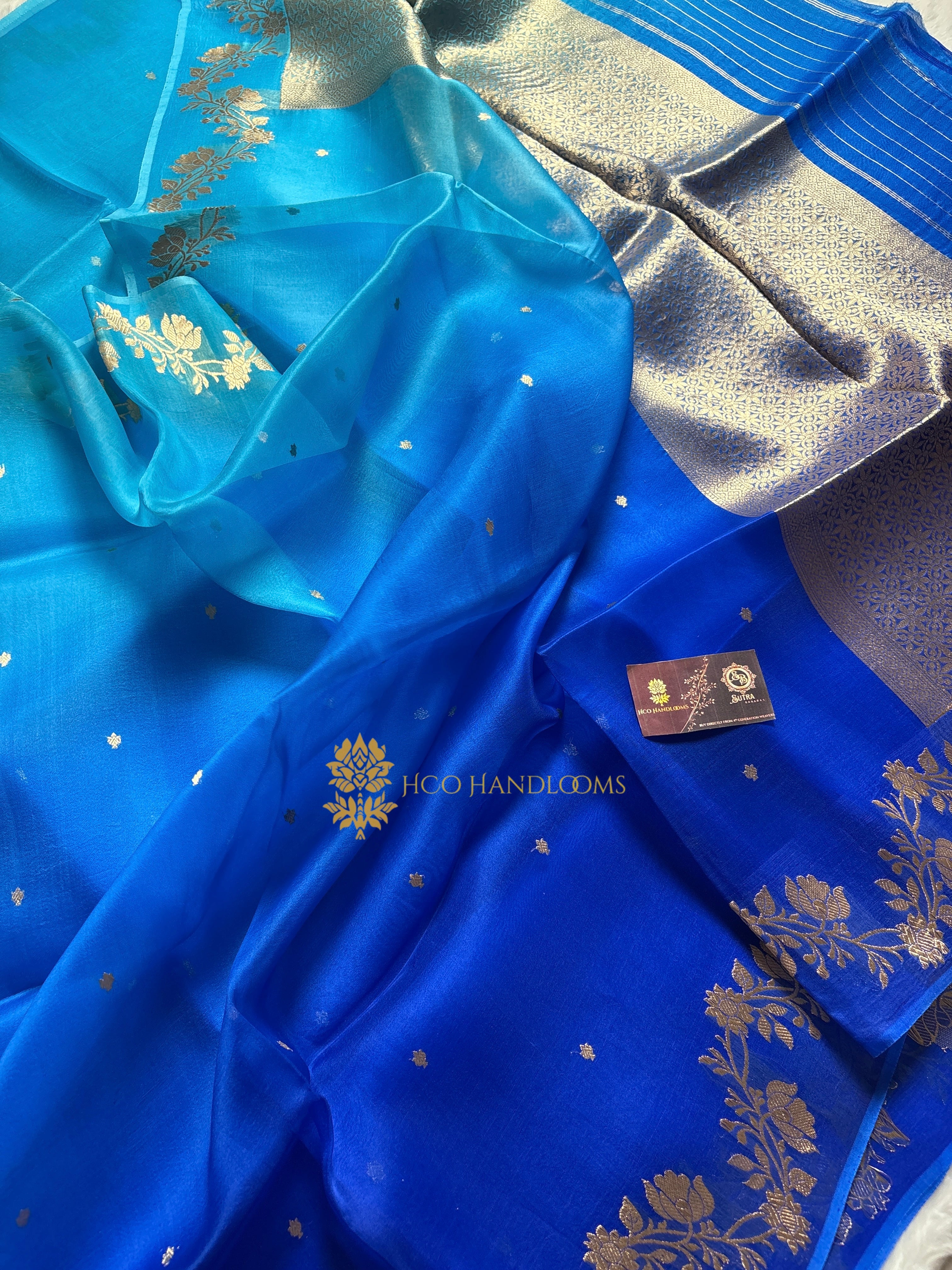 Light Blue Contrast Pure Kora Silk Handloom Banarasi Saree - All Over Kadhua Motifs