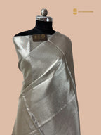 Silver Pure Molten Tissue Silk Tanchui Brocade Handloom Banarasi Saree