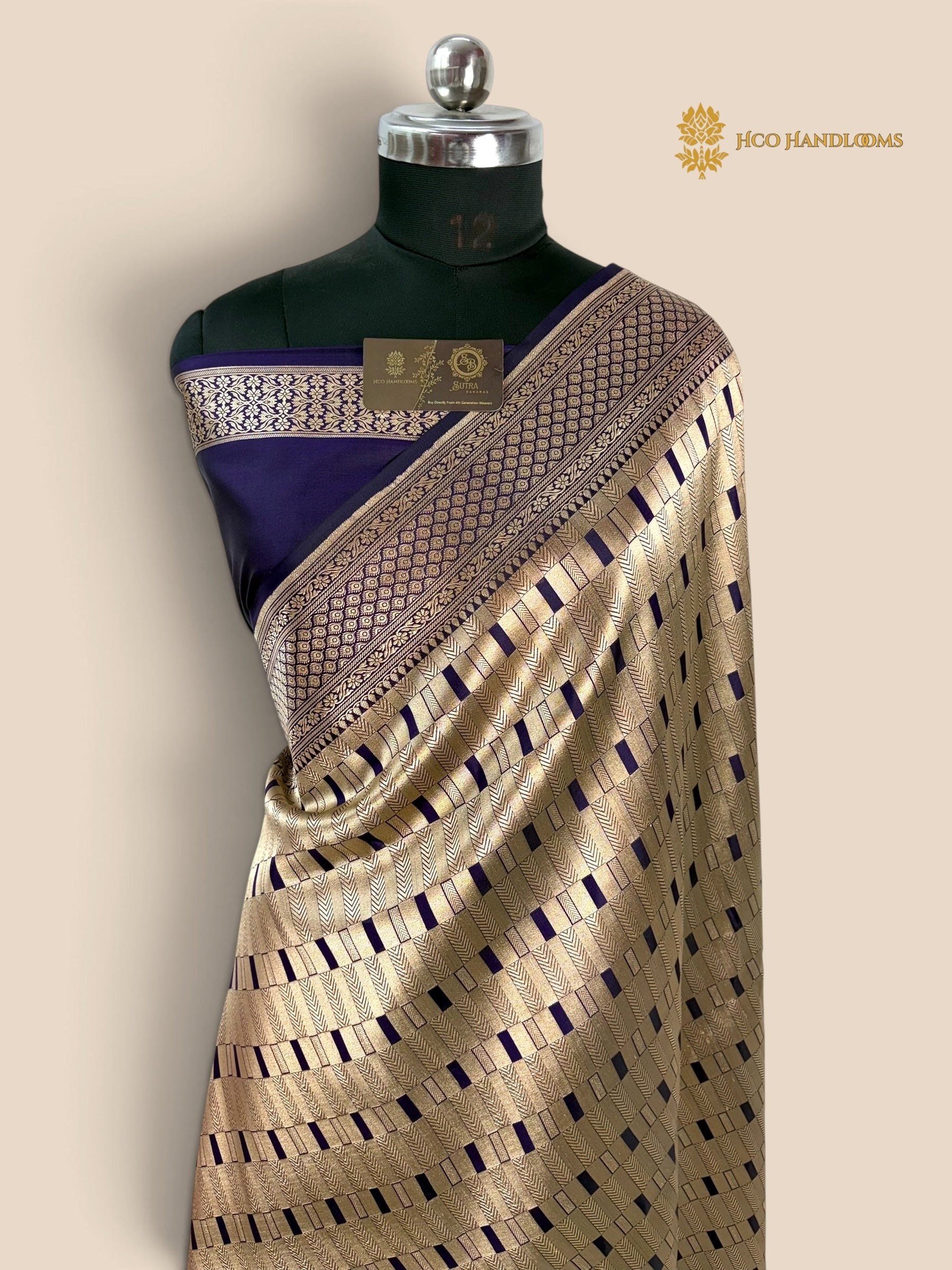 Royal Blue Pure Katan Silk Handloom Banarasi Saree - All Over Geometric Tanchui
