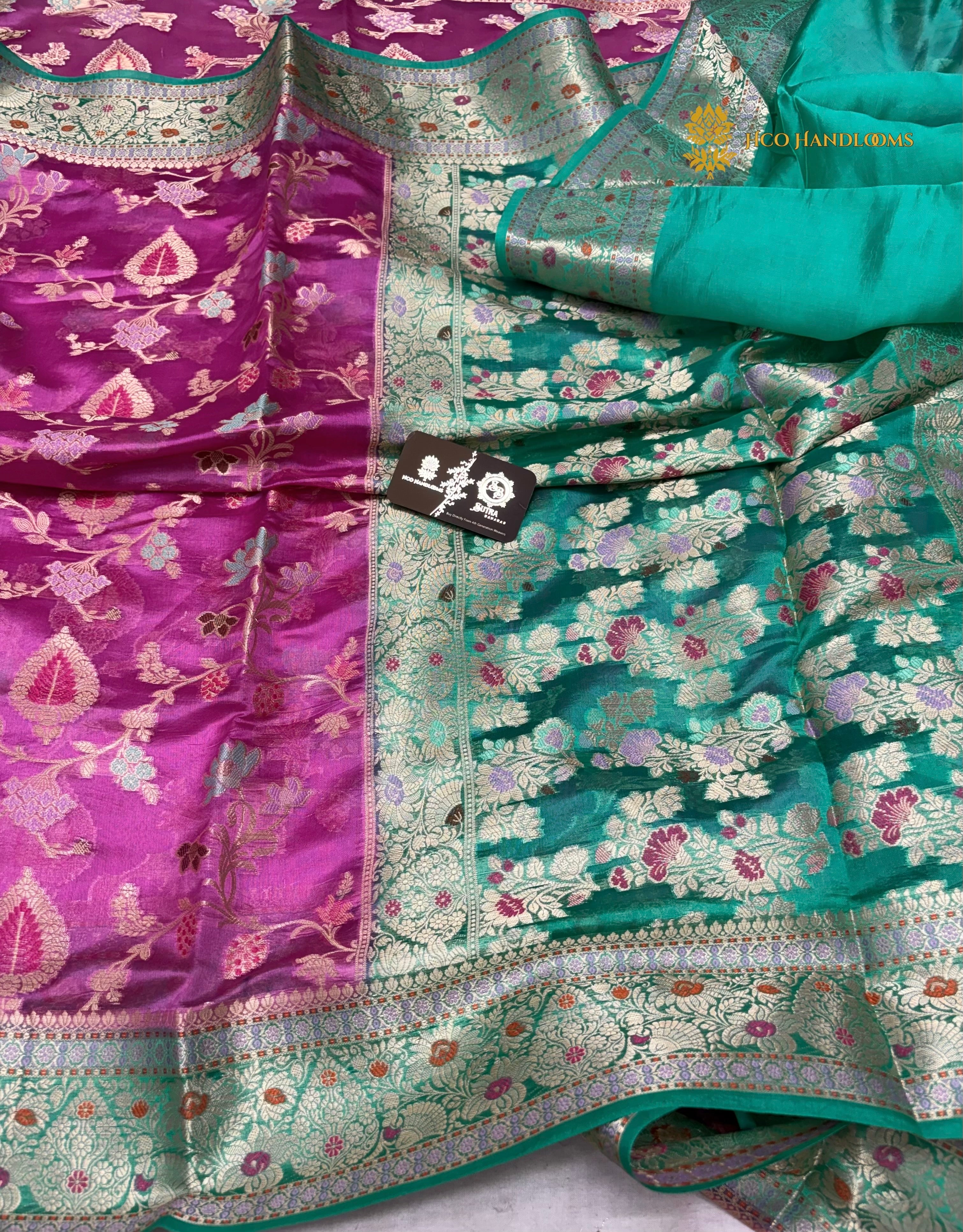 Contrast Pure Mango Katan Silk Banarasi Saree - All Over Meenakari Jaal