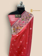 Pastel Red Matka Tussar Silk Banarasi Saree - All Over Motifs & Paithani