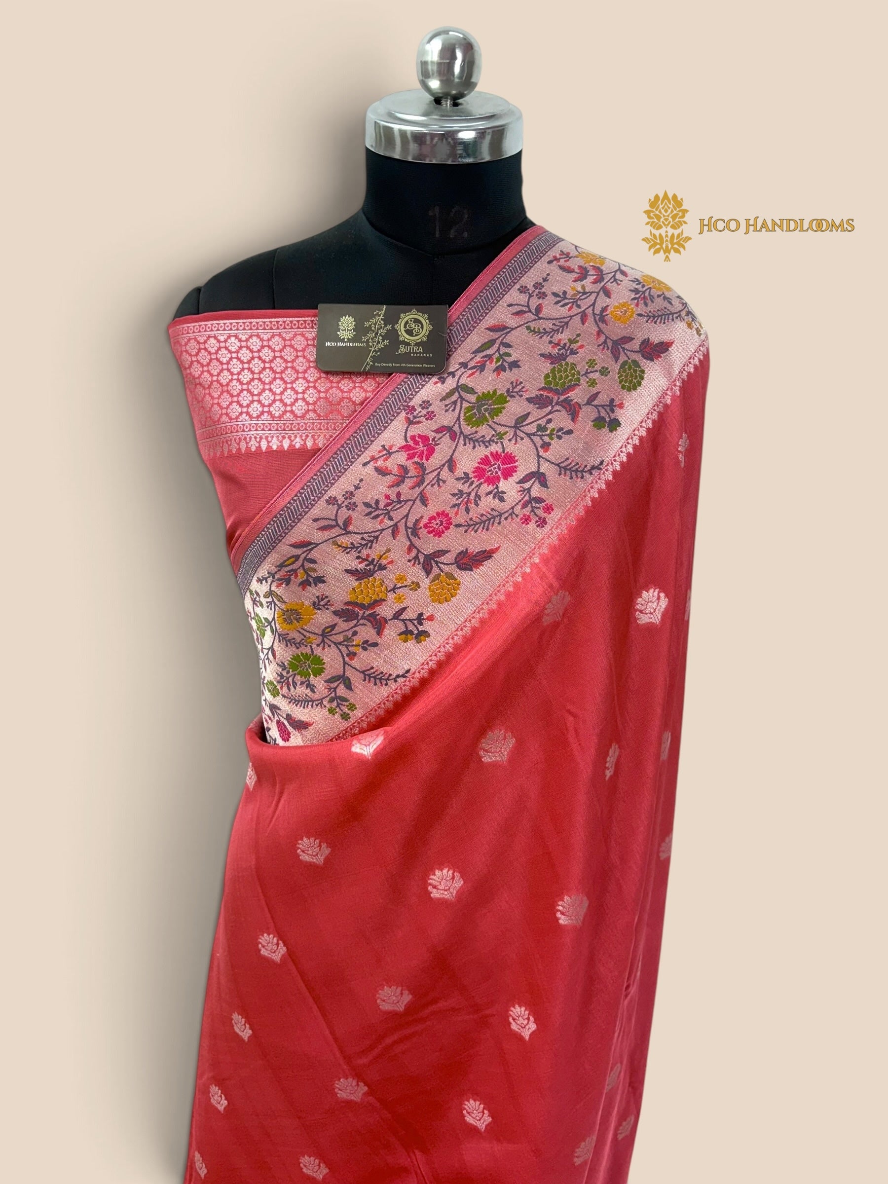 Pastel Red Matka Tussar Silk Banarasi Saree - All Over Motifs & Paithani