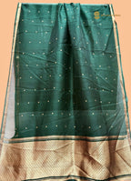Regal Green Pure Kora Silk Handloom Banarasi Saree - All Over Small Buti