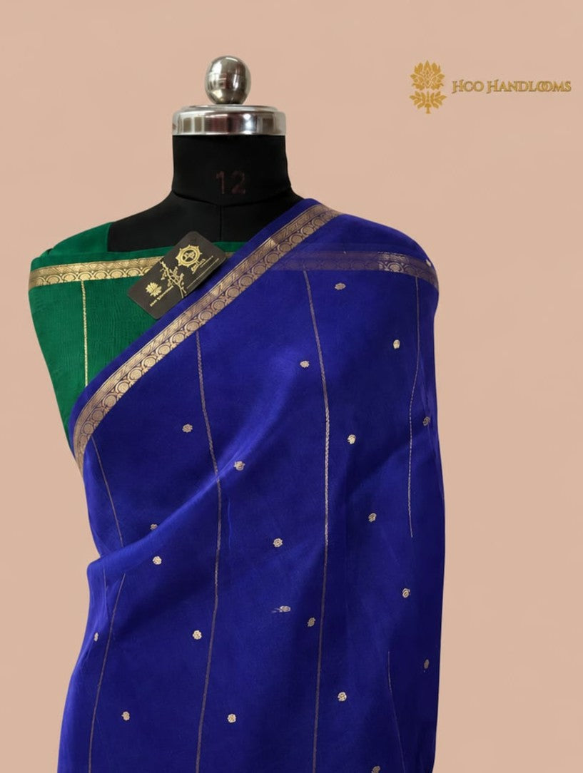 Royal Blue Pure Kora Silk Handloom Banarasi Saree - All Over Small Buti