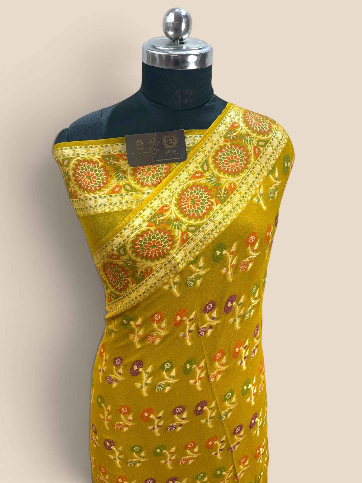 Yellow Pure Khaddi Chiffon Silk Banarasi Saree - Floral Motifs