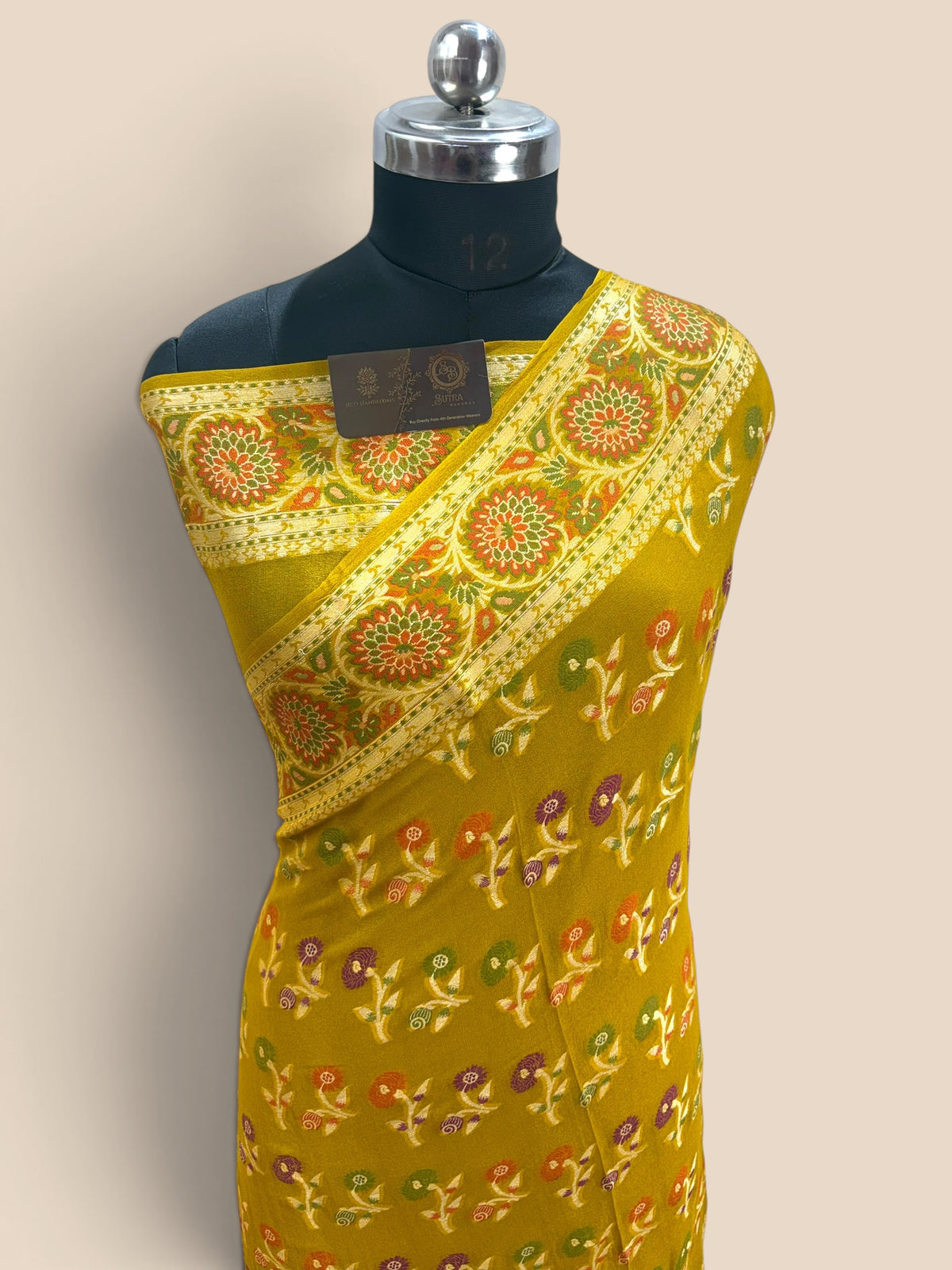 Yellow Pure Khaddi Chiffon Silk Banarasi Saree - Floral Motifs