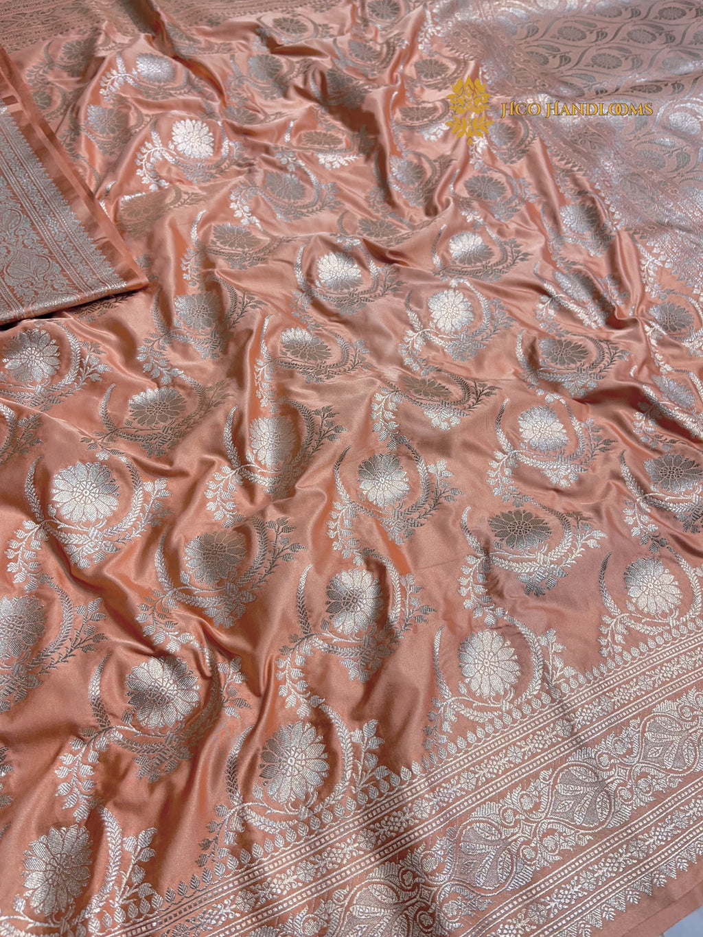 Peach Premium Mashru Katan Silk Banarasi Saree - All Over Jaal