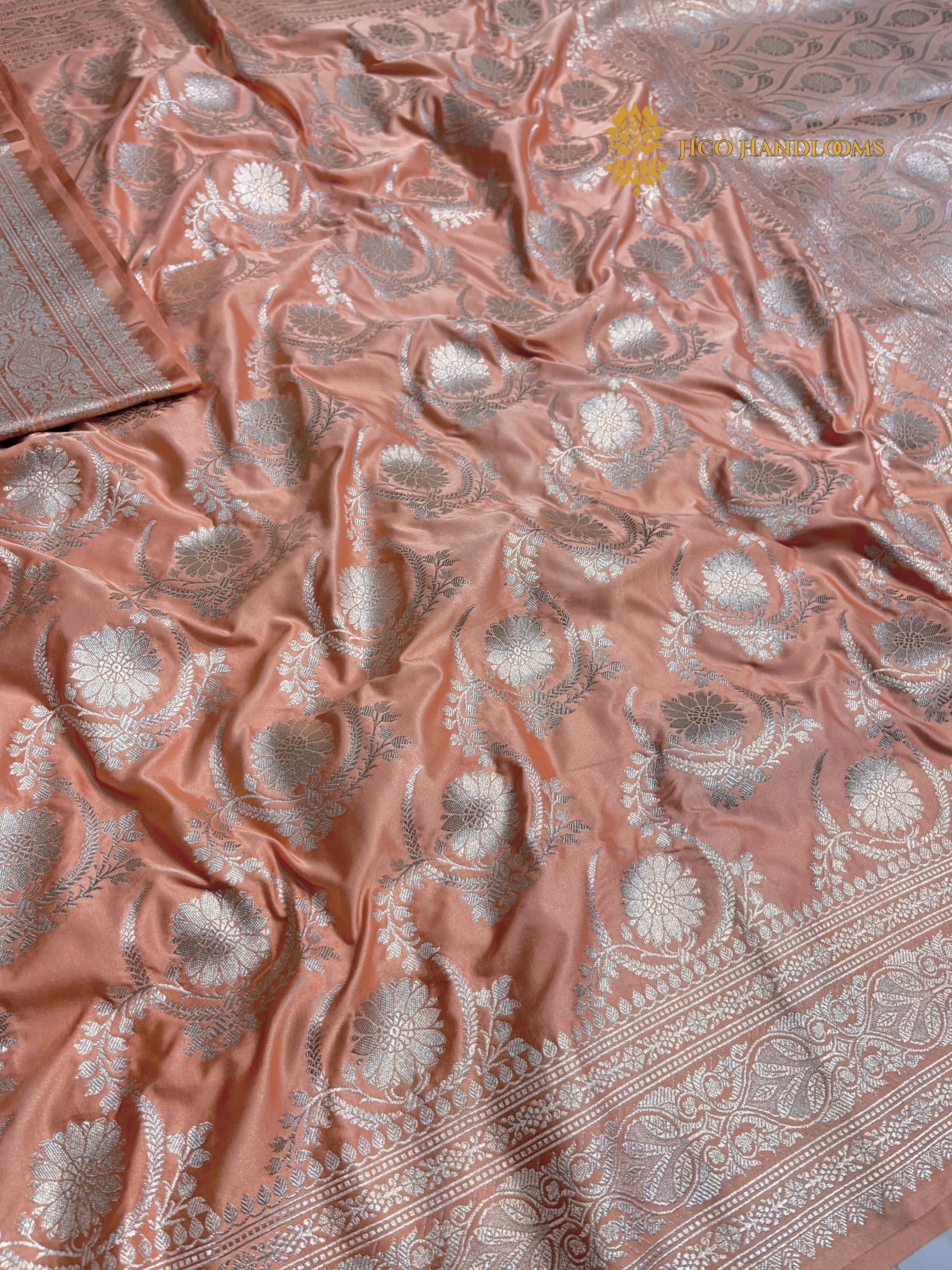 Peach Premium Mashru Katan Silk Banarasi Saree - All Over Jaal