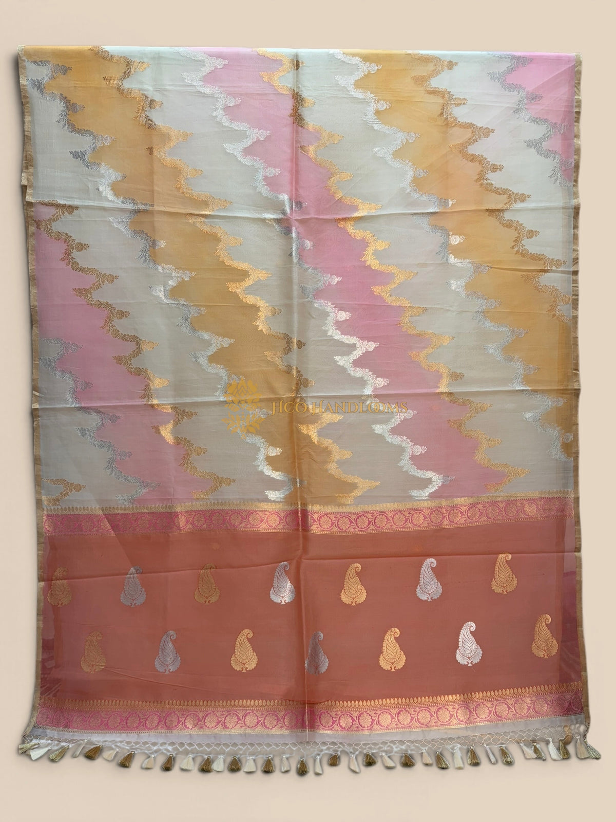 Pure Kora Silk Handloom Banarasi Saree - All Over Lahariya Rangkat