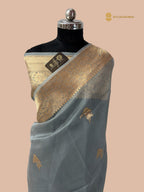 Dull Blue Pure Kora Silk Handloom Banarasi Saree - All Over Kadua Motifs
