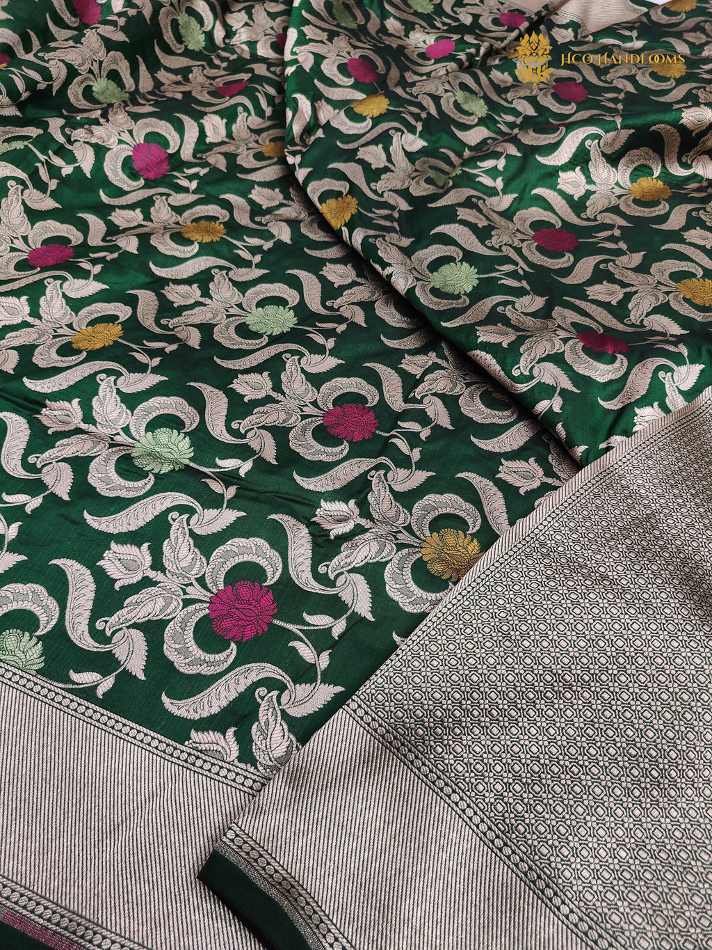Regal Green Pure Katan Silk Handloom Banarasi Saree - All Over Meenakari Brocade Jangla