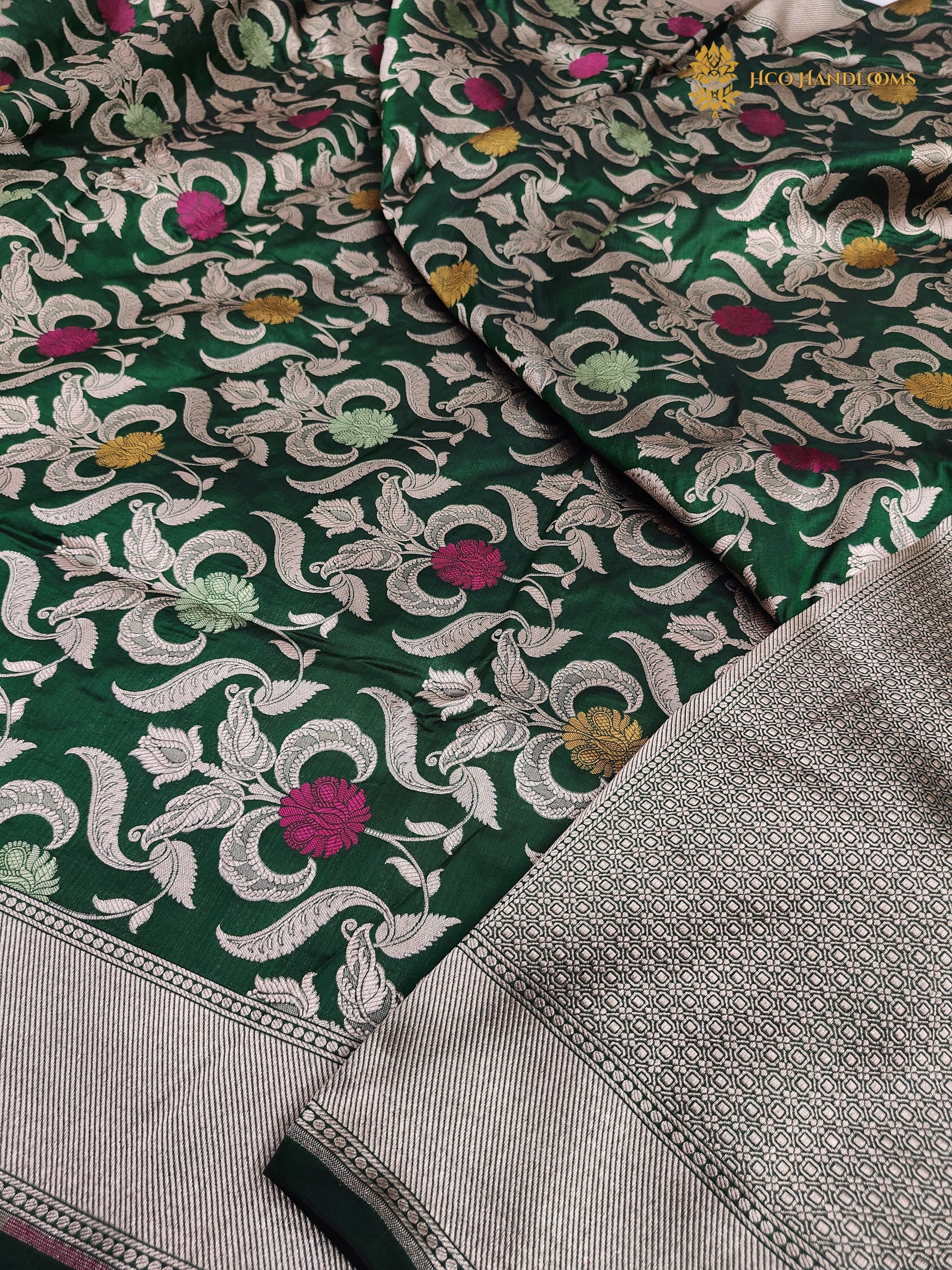Regal Green Pure Katan Silk Handloom Banarasi Saree - All Over Meenakari Brocade Jangla
