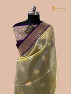 Yellow & Purple Pure Kora Silk Handloom Banarasi Saree - All Over Kadua Motifs