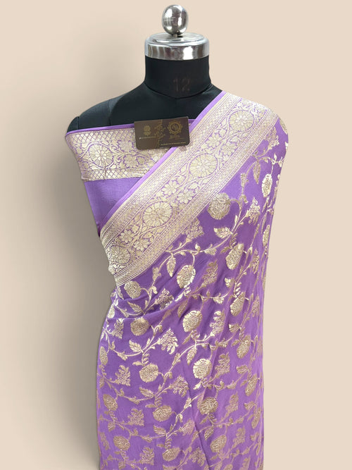 Lavender Pure Khaddi Georgette Silk handloom Banarasi Saree - Water Zari