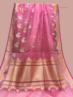 Regal Pink Pure Kora Silk Handloom Banarasi saree - All Over Stripe Meenakari Kadua Motifs