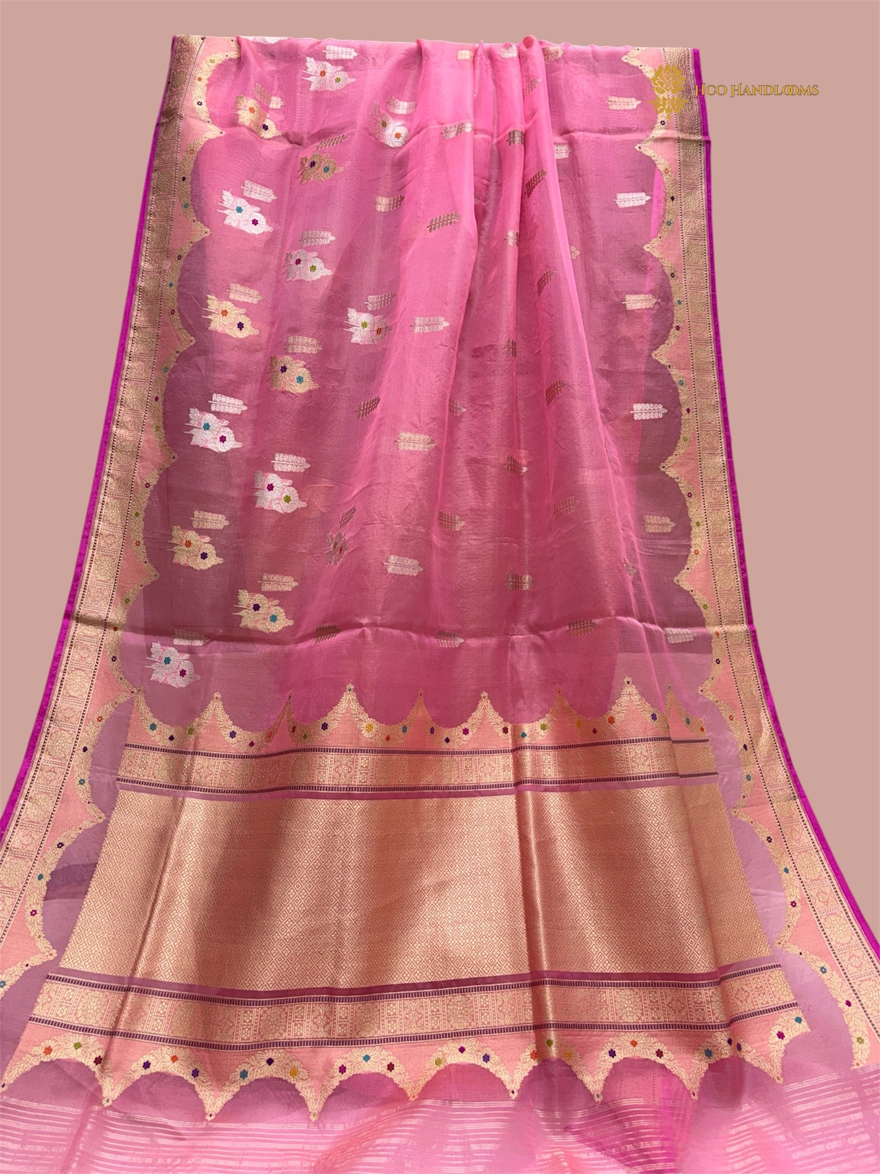 Regal Pink Pure Kora Silk Handloom Banarasi saree - All Over Stripe Meenakari Kadua Motifs