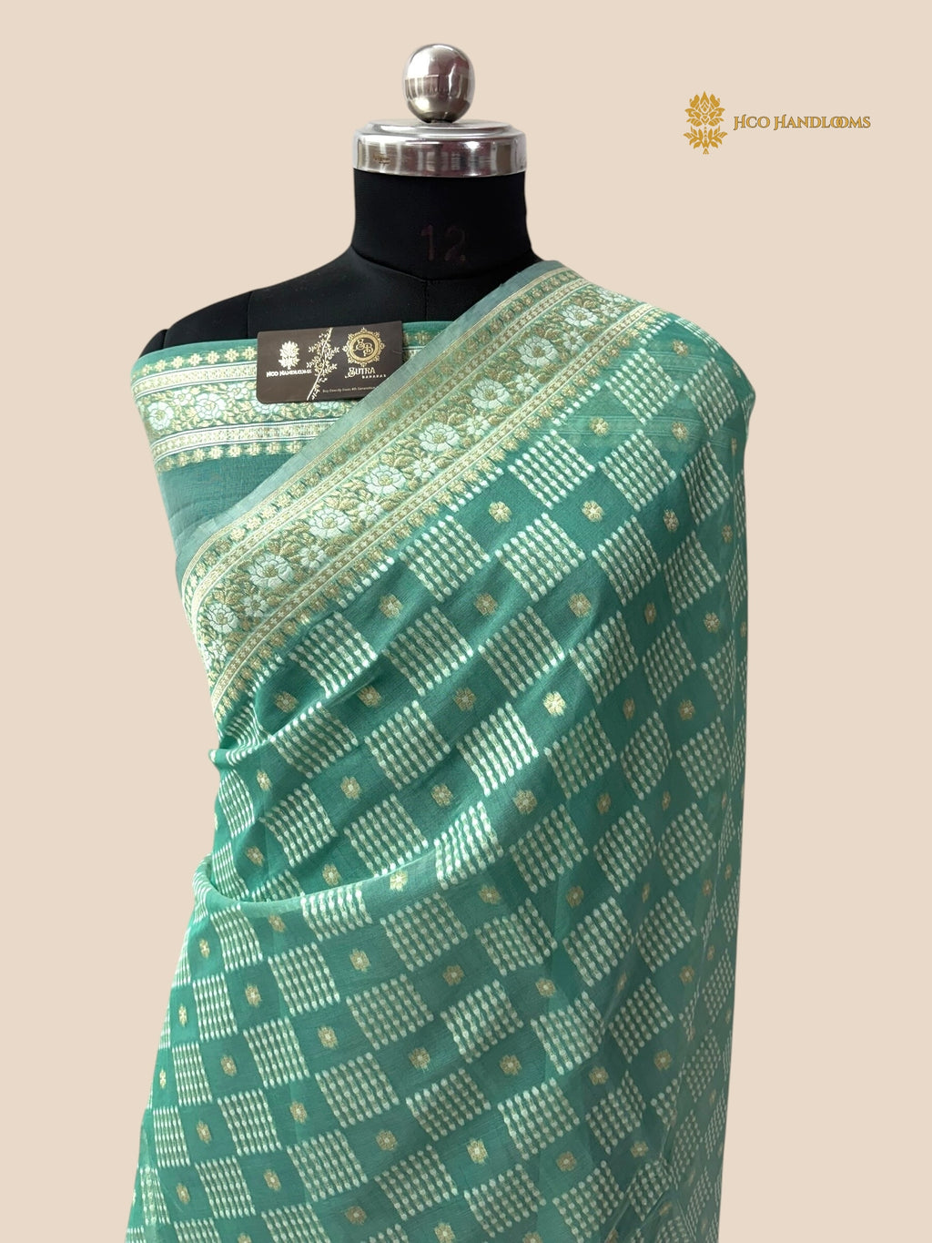 Pastel Green Premium Cotton Jamdani Banarasi Saree - All Over Jaal