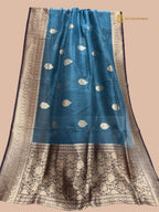 Light Blue & Wine Contrast Pure Kora Silk Handloom Banarasi Saree - All Over Kadua Motifs