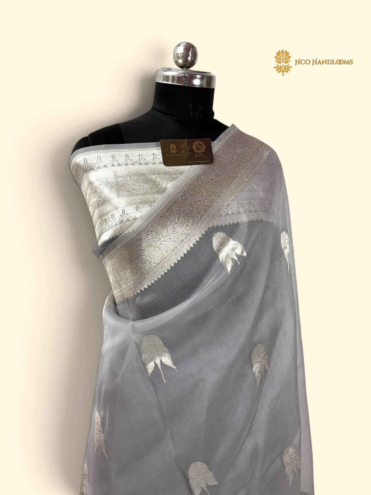 Grey Pure Kora Silk Handloom Banarasi Saree - All Over Kadhua Motifs