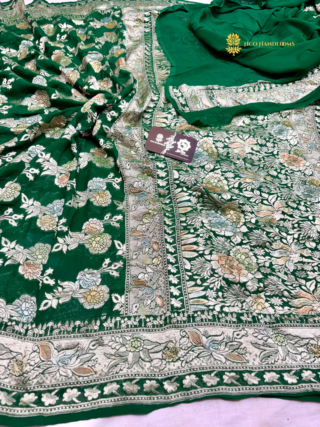 Bottle Green Pure Khaddi Georgette Silk Handloom Banarasi Saree - All Over Meenakari Jaal