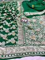 Bottle Green Pure Khaddi Georgette Silk Handloom Banarasi Saree - All Over Meenakari Jaal