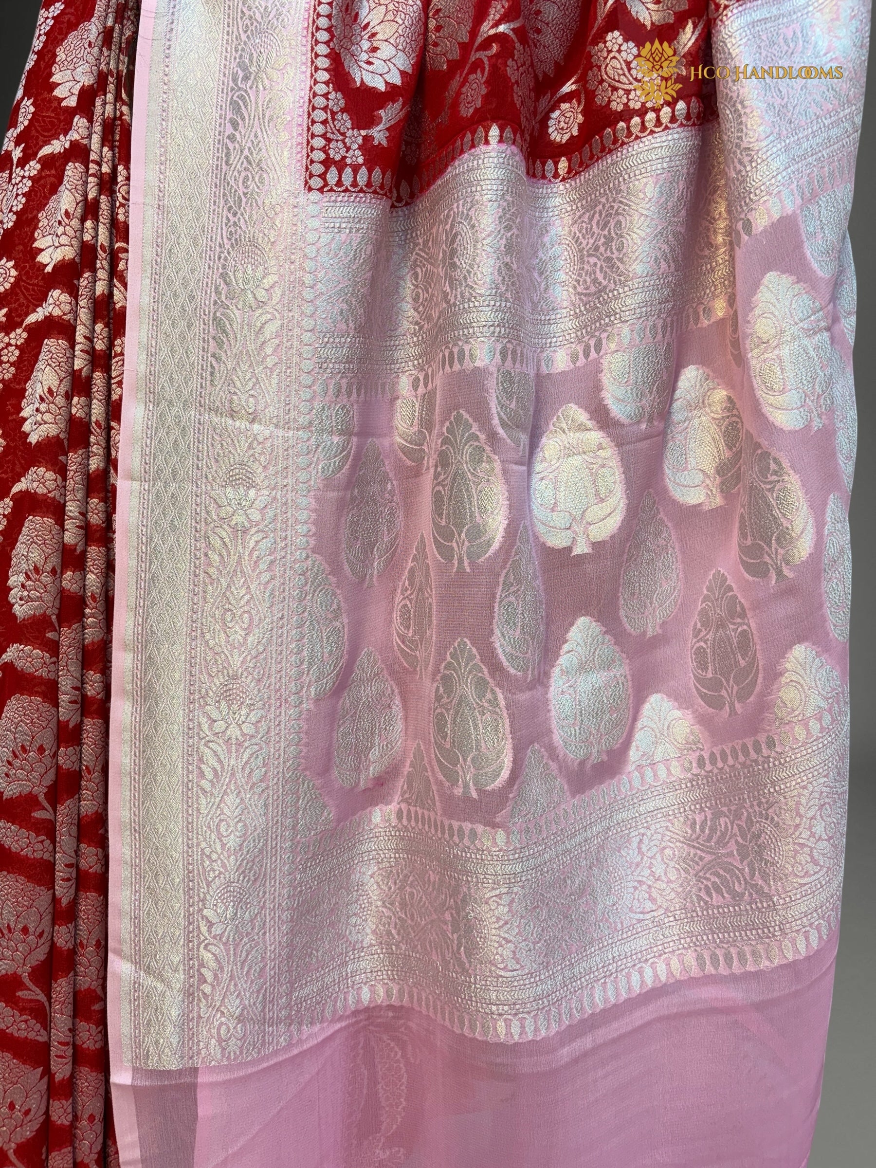 Pure Khaddi Georgette Silk Handloom Banarasi Saree With Red & Light Pink Contrast