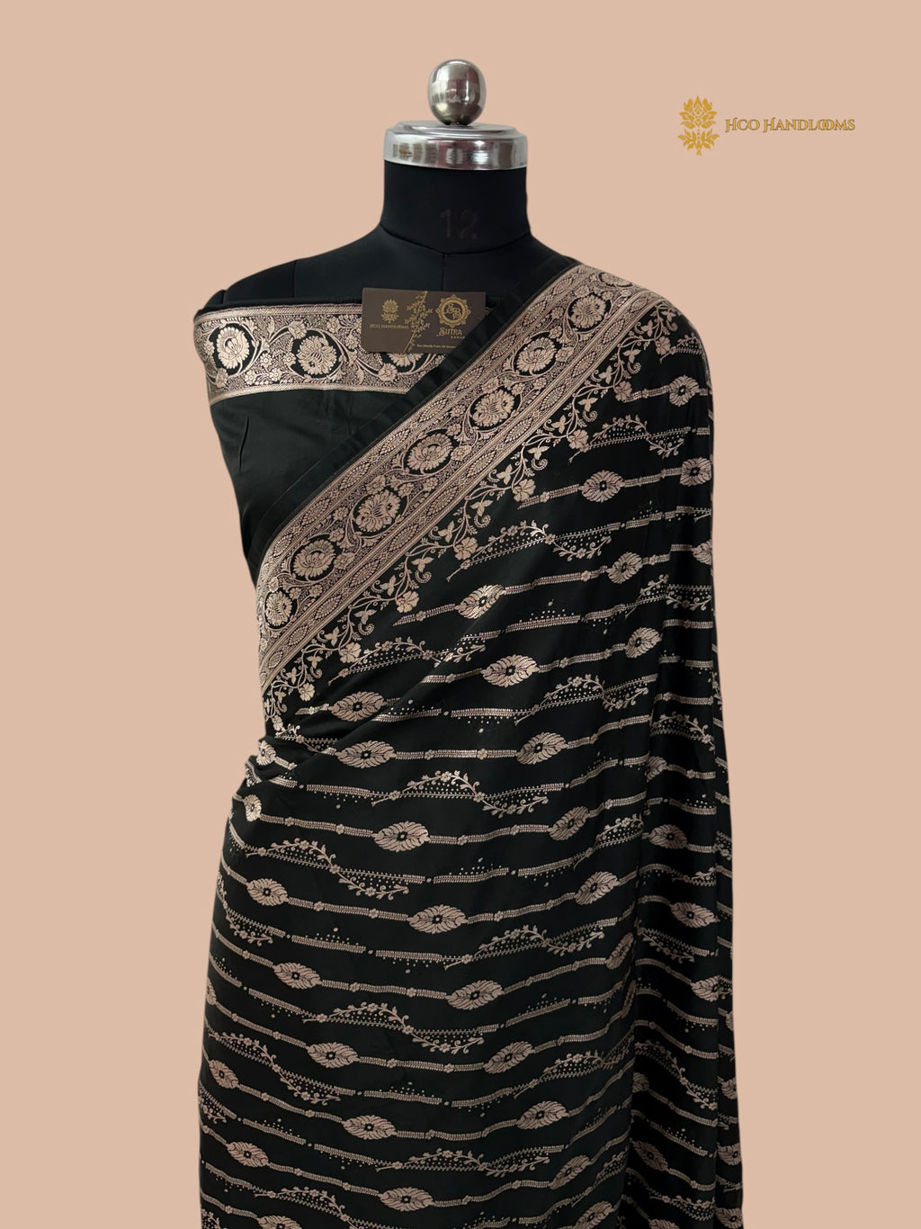 Regal Black Premium Mashru Katan Silk Banarasi Saree - All Over Diagonal Stripes