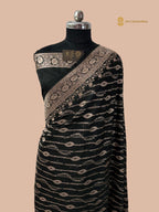 Regal Black Premium Mashru Katan Silk Banarasi Saree - All Over Diagonal Stripes
