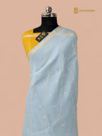 Powder Blue Pure Kora Silk Handloom Banarasi Saree - All Over Small Buti