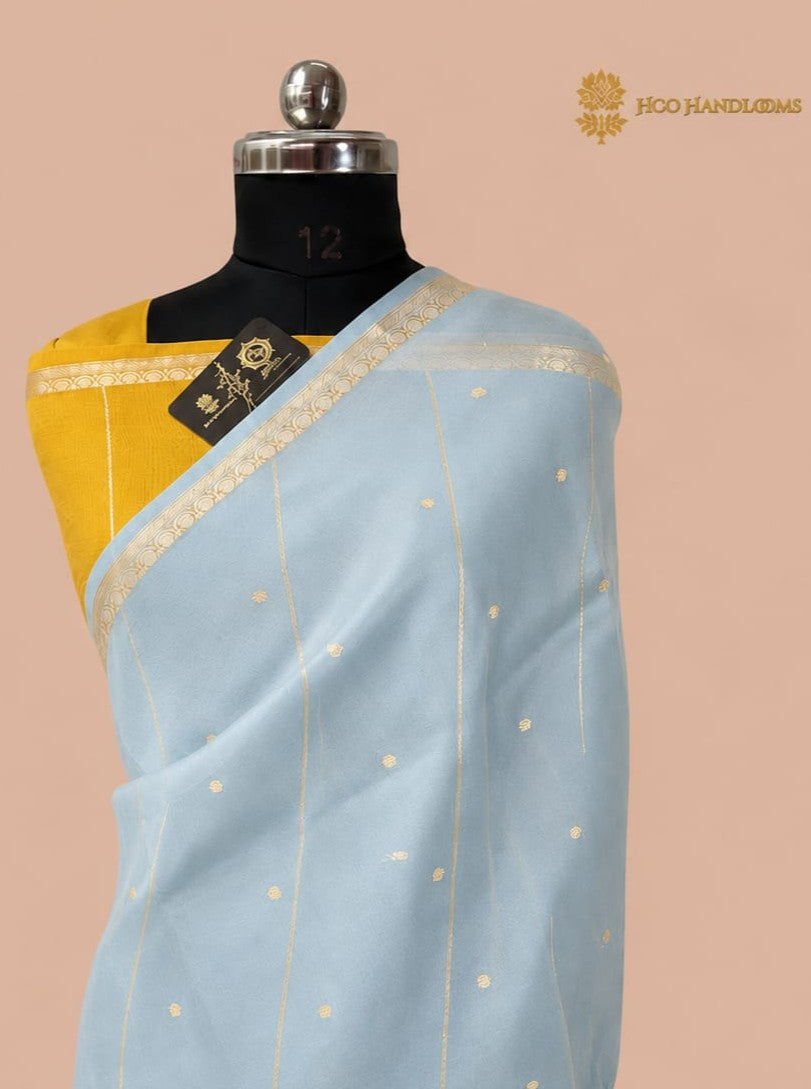 Powder Blue Pure Kora Silk Handloom Banarasi Saree - All Over Small Buti