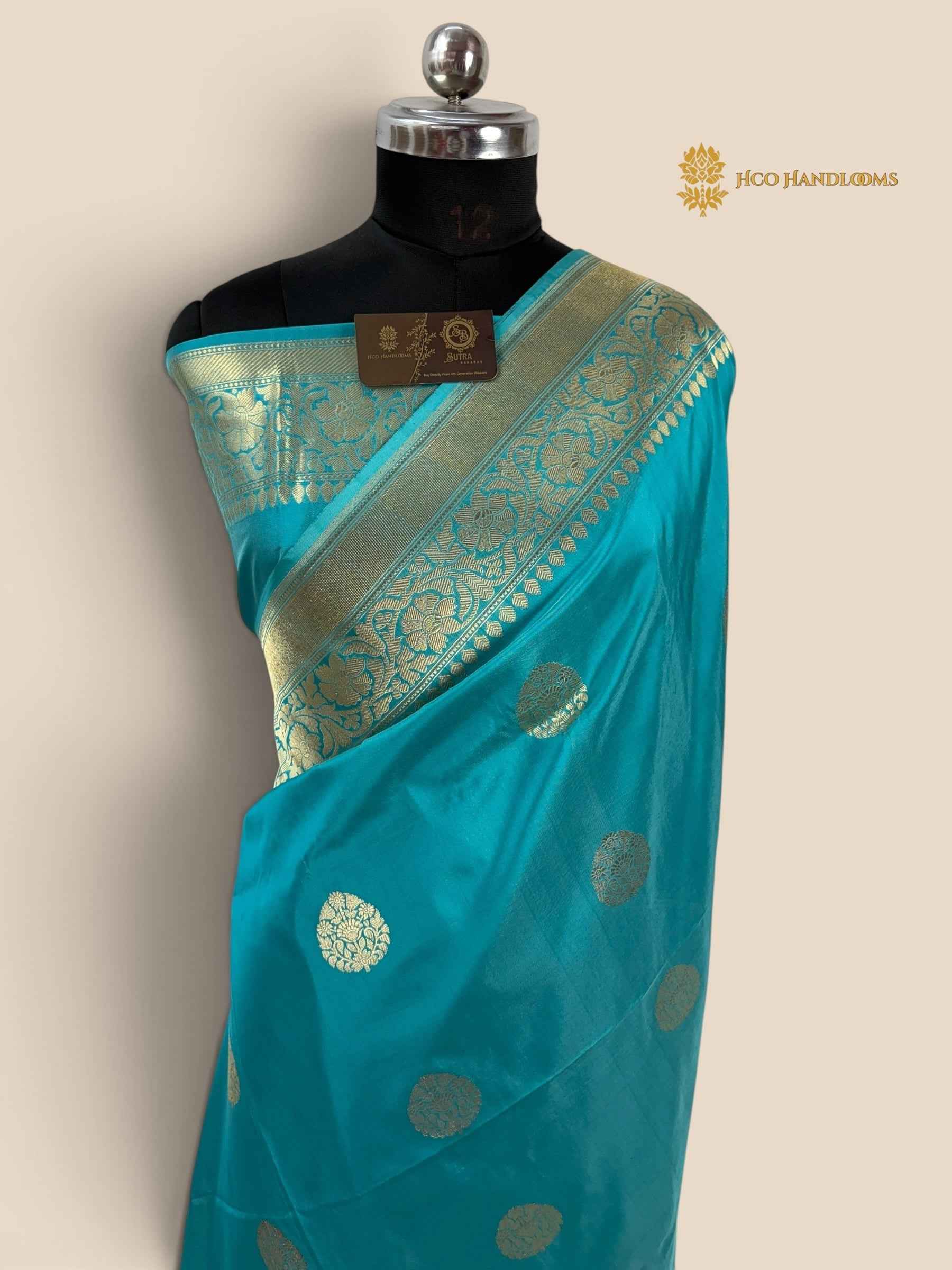 Light Blue Pure Katan Silk Handloom banarasi saree - All Over Kadhua Motifs