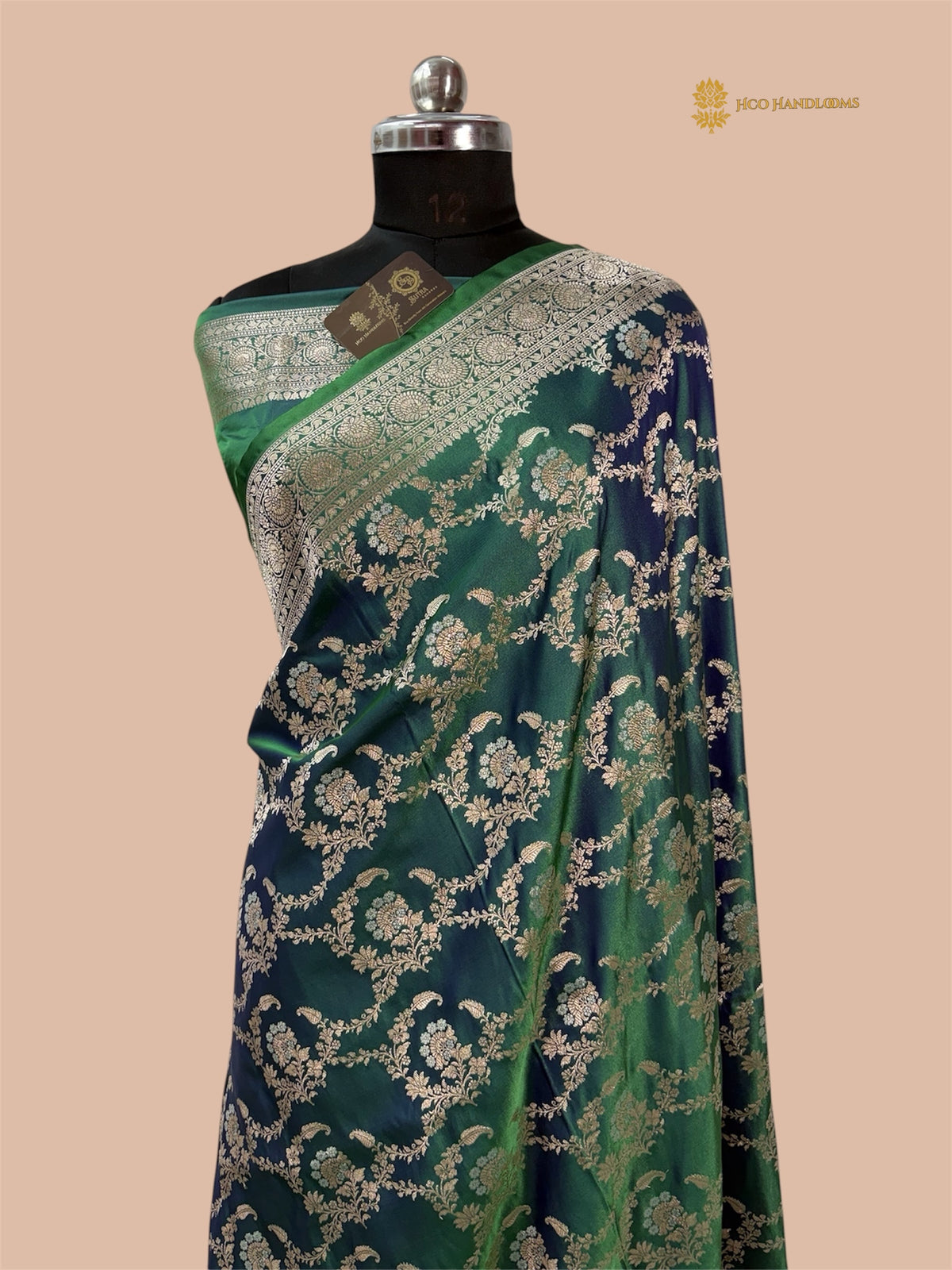 Dual Shade Green Premium Mashru Katan Silk Banarasi Saree - All Over Meenakari Jaal