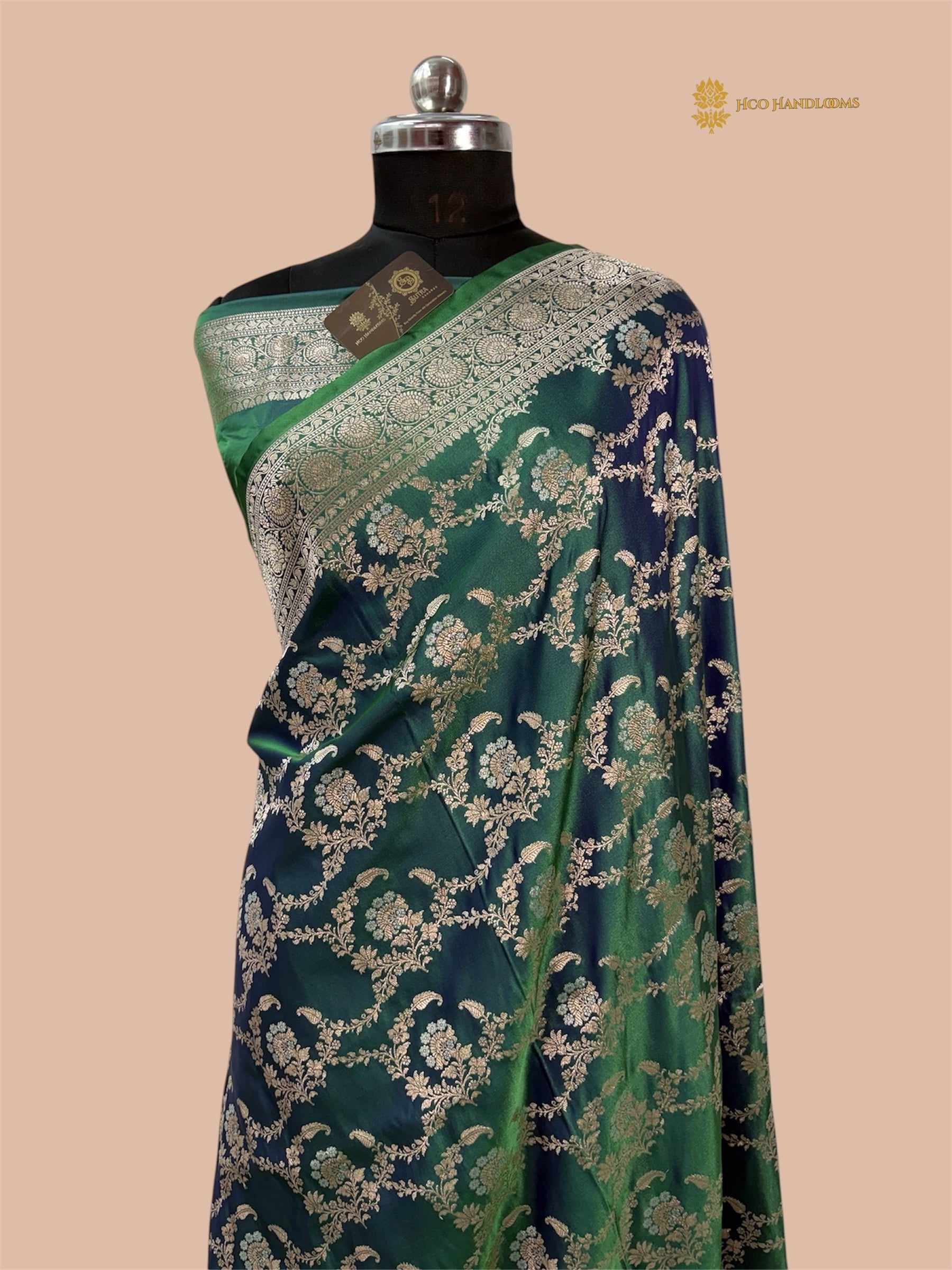 Dual Shade Green Premium Mashru Katan Silk Banarasi Saree - All Over Meenakari Jaal