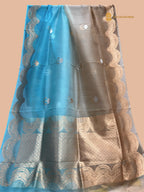 Half Brown & Half Blue Pure  Kora Silk Handloom Banarasi Saree - All Over Meenakari Kadua Motifs