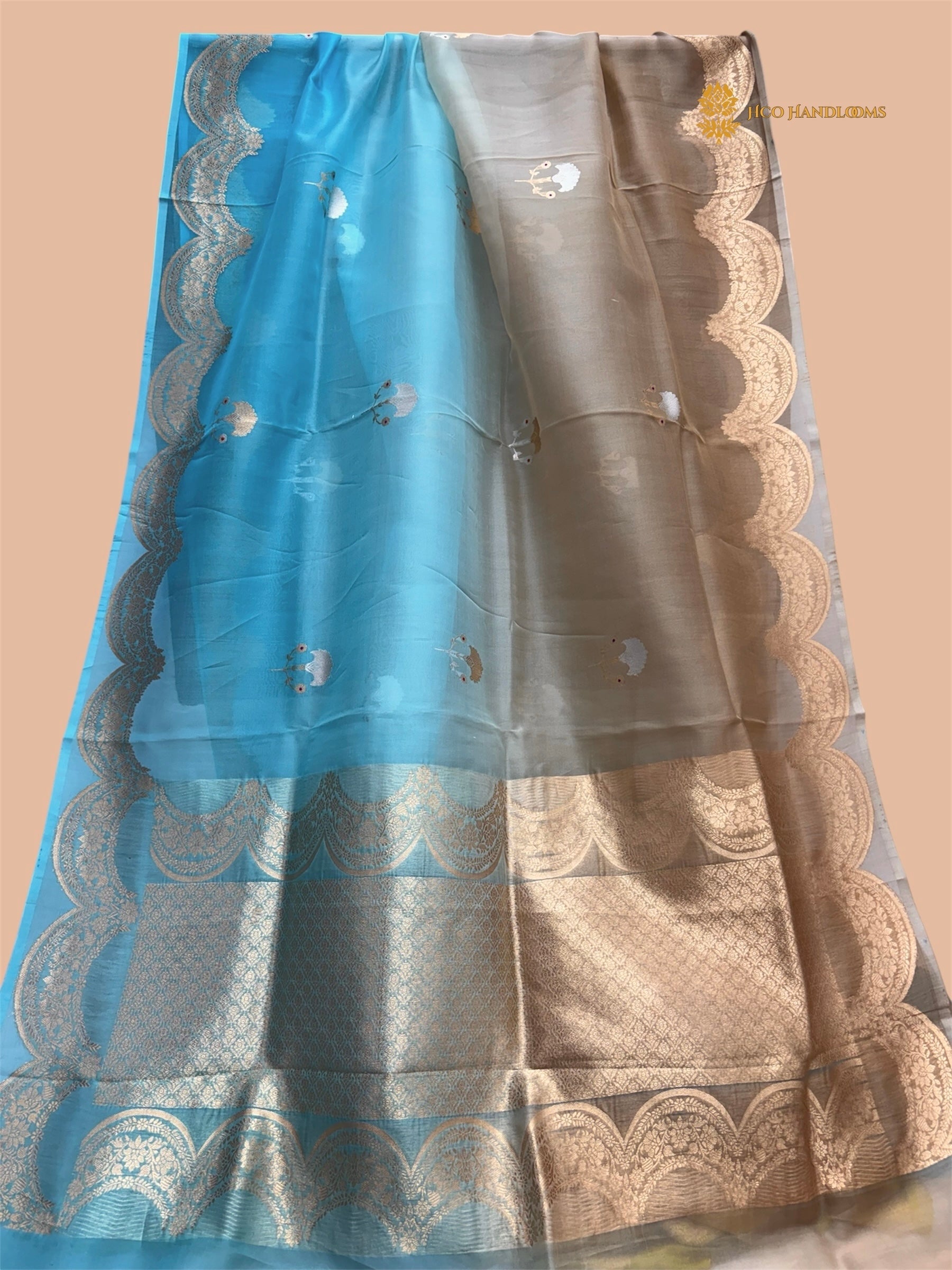 Half Brown & Half Blue Pure  Kora Silk Handloom Banarasi Saree - All Over Meenakari Kadua Motifs