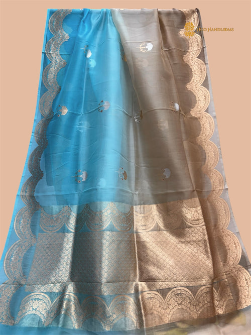 Half Brown & Half Blue Pure  Kora Silk Handloom Banarasi Saree - All Over Meenakari Kadua Motifs