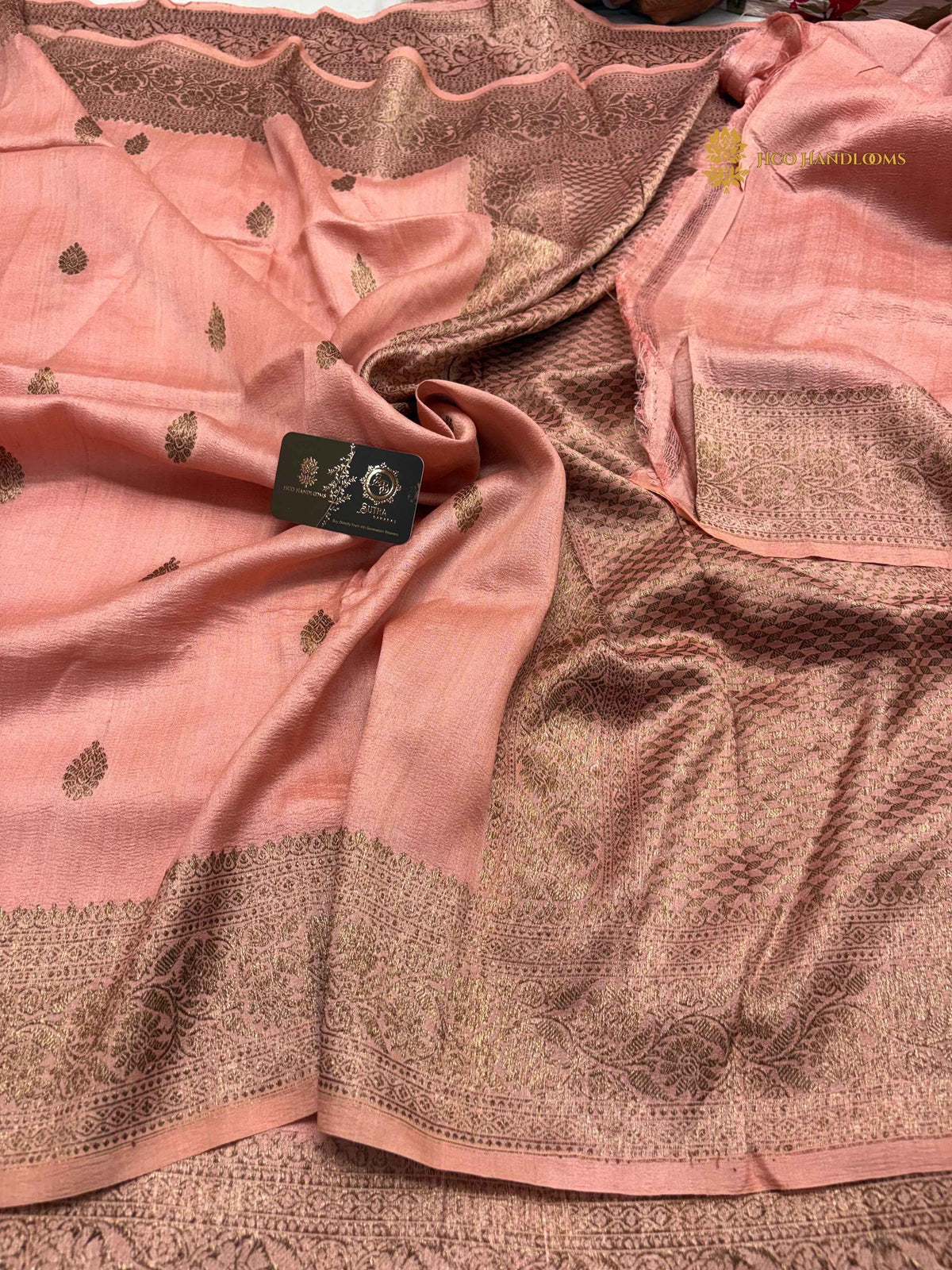 Peach Pure Tussar Silk Handloom Banarasi Saree - All Over Motifs