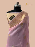 Baby Pink Pure Kora Silk Handloom Kadhua Banarasi Saree - All Over Floral Motifs