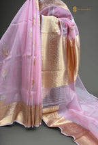 Baby Pink Pure Kora Silk Handloom Kadhua Banarasi Saree - All Over Floral Motifs