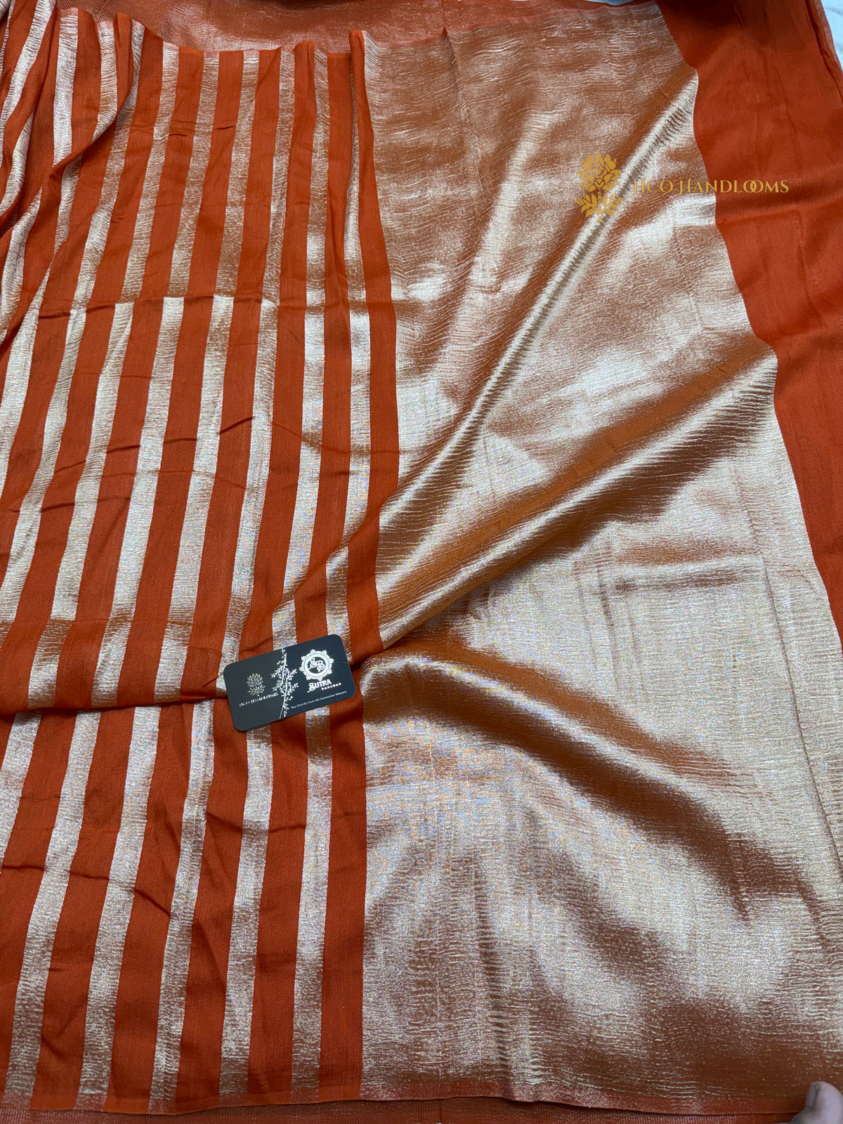 Orange Pure Moonga Silk Handloom Banarasi Saree - All Over Stripes