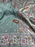 Pastel Blue Matka Tussar Silk Banarasi Saree - All Over Motifs & Paithani