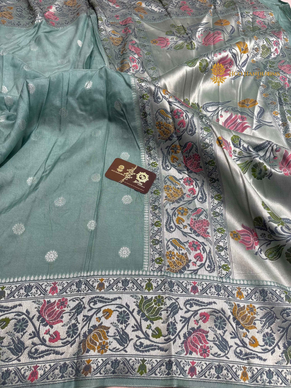 Pastel Blue Matka Tussar Silk Banarasi Saree - All Over Motifs & Paithani