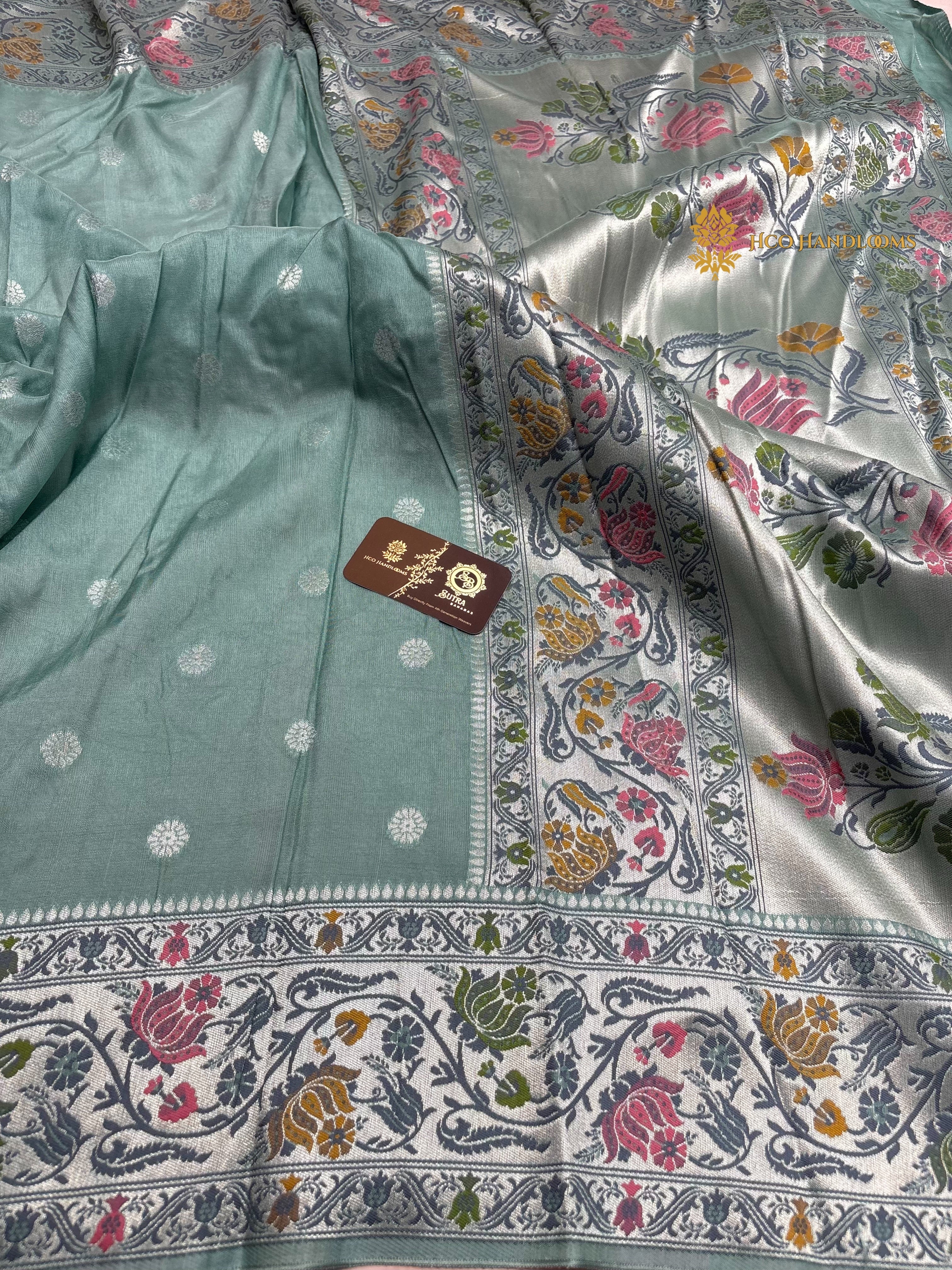 Pastel Blue Matka Tussar Silk Banarasi Saree - All Over Motifs & Paithani